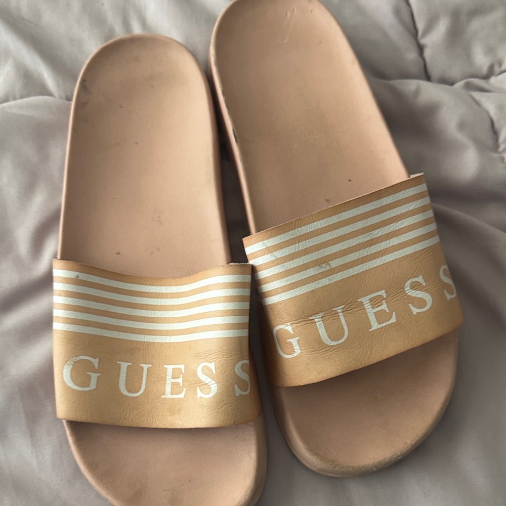 Guess Tan Slide Sandals with Stripes
